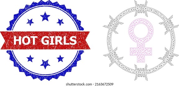 Triangular female jail model illustration, and bicolor grunge Hot Girls seal stamp. Mesh wireframe illustration designed with female jail icon.