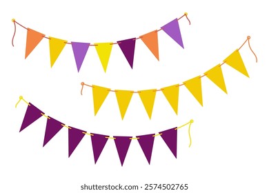 Triangular festive Pennant garland on rope in trendy Halloween or party shades. Set 3 Design element