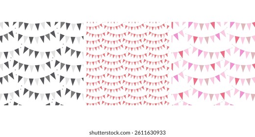 Triangular Festive pennant garland on rope Seamless Pattern Monochrome gray, pink and multicolor Set