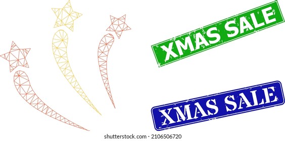 Dreieckiges Feuerwerk-Bild, und Xmas Sale blaue und grüne rechteckige Grunge-Briefmarken. Das Bild des polygonalen Wireframe-Bildes basiert auf dem Symbol für Feuerwerkskörper. Zu den Stempeln gehört der Xmas-Verkaufstag in rechteckiger Form.