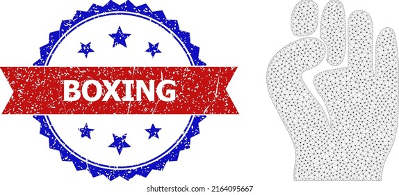 Triangular fist carcass icon, and bicolor grunge Boxing seal stamp. Mesh wireframe image designed with fist icon. Vector seal with Boxing title inside red ribbon and blue rosette,