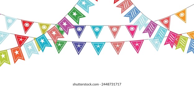 
Triangular flag in a colorful celebration. colorful party 2D triangle flag on transparent background. Vector illustration. Illustration material: colorful triangle flag · 