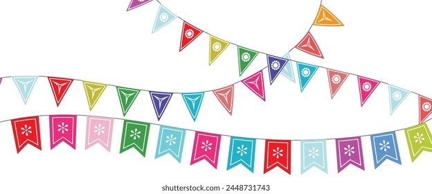 
Dreieckige Flagge in einer bunten Feier. Bunte Party 2D Dreiecksflagge auf transparentem Hintergrund. Vektorillustration. Illustrationsmaterial: bunte Dreiecksflagge ・ 