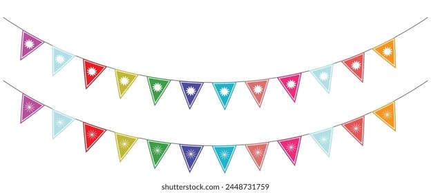 
Bandera triangular en una celebración colorida. bandera triangular 2D de fiesta colorida sobre fondo transparente. Ilustración vectorial. Material de ilustración: bandera de triángulo colorido · 