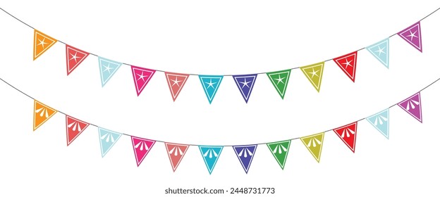 
Triangular flag in a colorful celebration. colorful party 2D triangle flag on transparent background. Vector illustration. Illustration material: colorful triangle flag · 