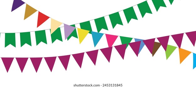 Triangular flag in a colorful celebration. colorful party 2D triangle flag on transparent background. Illustration material: colorful triangle flag · Decorative colorful pennants for birthday party.