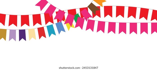 Triangular flag in a colorful celebration. colorful party 2D triangle flag on transparent background. Illustration material: colorful triangle flag · Decorative colorful pennants for birthday party.