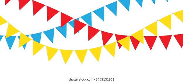 Triangular flag in a colorful celebration. colorful party 2D triangle flag on transparent background. Illustration material: colorful triangle flag · Decorative colorful pennants for birthday party.