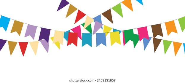 Triangular flag in a colorful celebration. colorful party 2D triangle flag on transparent background. Illustration material: colorful triangle flag · Decorative colorful pennants for birthday party.