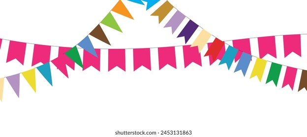 Triangular flag in a colorful celebration. colorful party 2D triangle flag on transparent background. Illustration material: colorful triangle flag · Decorative colorful pennants for birthday party.