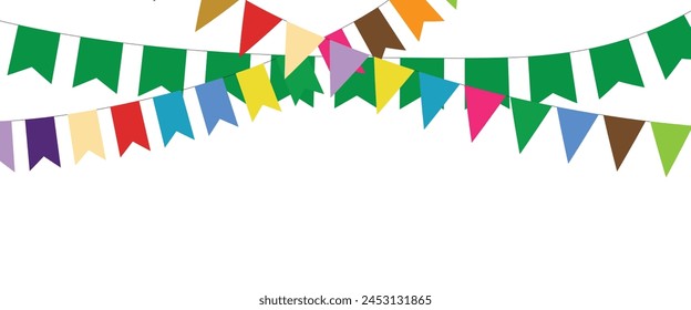 Bandera triangular en una celebración colorida. bandera triangular 2D de fiesta colorida sobre fondo transparente. Material de la ilustración: bandera colorida del triángulo · Pendientes coloridos decorativos para la fiesta de cumpleaños.