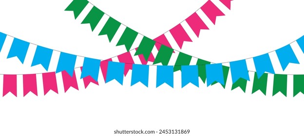 Triangular flag in a colorful celebration. colorful party 2D triangle flag on transparent background. Illustration material: colorful triangle flag · Decorative colorful pennants for birthday party.
