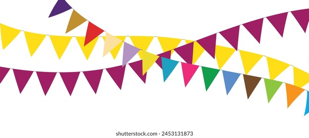 Triangular flag in a colorful celebration. colorful party 2D triangle flag on transparent background. Illustration material: colorful triangle flag · Decorative colorful pennants for birthday party.