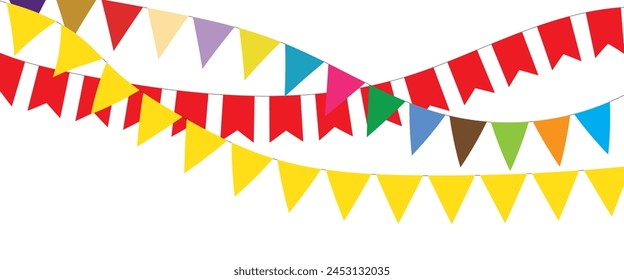 Triangular flag in a colorful celebration. colorful party 2D triangle flag on transparent background. Illustration material: colorful triangle flag · Decorative colorful pennants for birthday party.