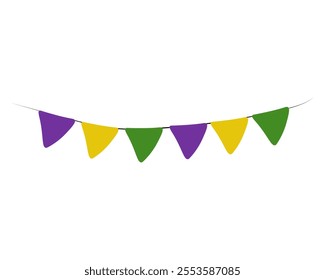 Triangular flags on a rope for Mardi Gras masquerade, holiday symbol in characteristic colors for the entourage and design vector illustration of a holiday poster or flyer