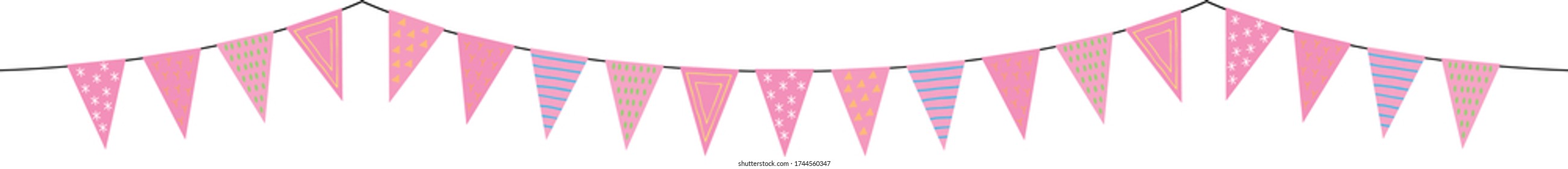 triangular flags in pink tones with pattern, garland in scandinavian style, cute design for girls, vector isolated on white background