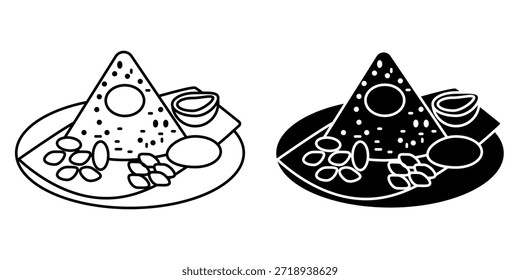 triangular food item with small dots, served with side dishes on a plate, shown in both line art and silhouette.