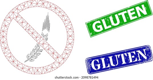 Triangular forbidden gluten image, and Gluten blue and green rectangular scratched stamp seals. Mesh wireframe image designed with forbidden gluten icon.