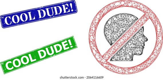 Triangular forbidden man image, and Cool Dude warn blue and green rectangular dirty seals. Polygonal wireframe image created from forbidden man icon.