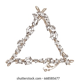 Triangular frame of branches with precious stones. Outline decorative element for design isolated on white background.