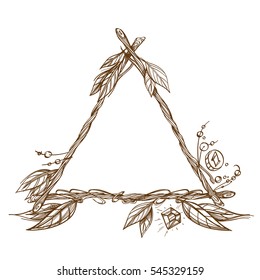 Triangular frame made of branches with feathers and leaves. Decorative outline element for design work in the boho style.