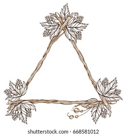 Triangular frame made of branches with leaves and hop cones. Outline decorative element for design isolated on white background.