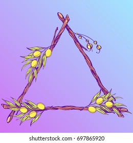 Triangular frame made of branches with leaves and fruits of olives. Decorative element for design of packaging, labels and other items.