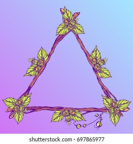 Triangular frame made of branches with leaves and fruits of hazelnut. Decorative element for design of packaging, labels and other items.