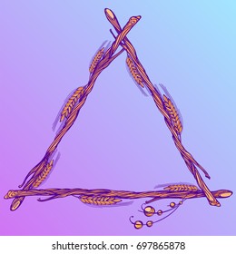 Triangular frame made of branches with spikelets of wheat. Decorative element for design of packaging, labels and other items.