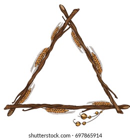Triangular frame made of branches with spikelets of wheat. Vector illustration isolated on white background for design of packaging, labels and other items.