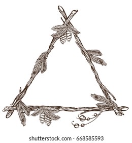 Triangular frame made of fir branches with cones. Outline decorative element for design isolated on white background.