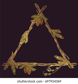 Triangular frame made of fir branches with cones. Decorative design element for invitations, greeting cards and other items.