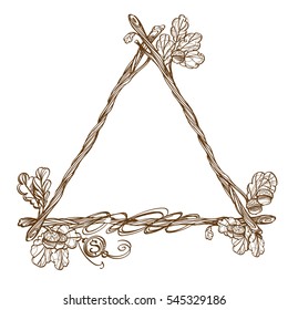 Triangular frame of oak branches with leaves. Decorative outline element for design work in the boho style.