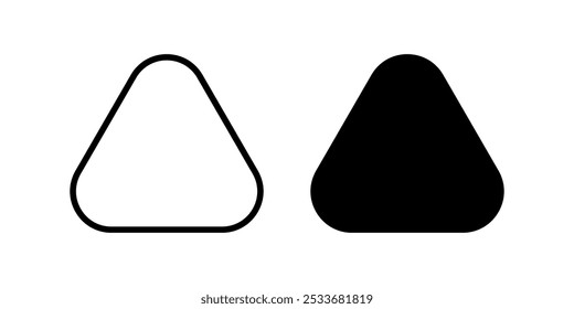 Triangular frame and shape with rounded corners. Outline and silhouette triangle figures isolated on white background. Empty road sign templates. Vector graphic illustration.