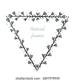 Triangular frame for text decoration in doodle style. Natural style, branches, plants, flowers. Black and colored accents outline on a white background.