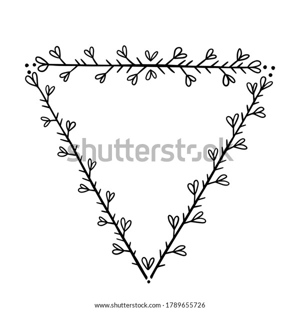 Triangular frame for text decoration in\
doodle style. Natural style, branches, plants, flowers. Black\
outline on a white\
background.