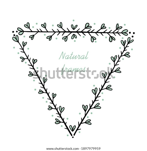 Triangular frame for text decoration in
doodle style. Natural style, branches, plants, flowers. Black and
colored accents outline on a white
background.