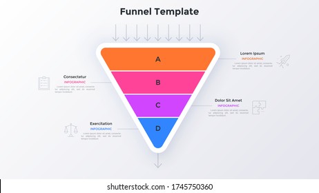 Triangular funnel chart divided into four colorful parts and arrows. Concept of 4 steps of filtration of business information. Simple infographic design template. Modern flat vector illustration.