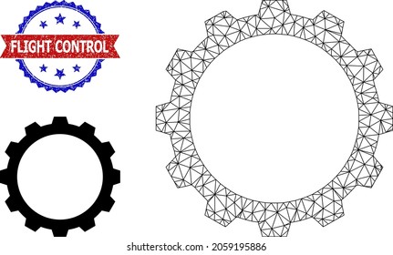 Icono de la canal de engranajes triangulares y sello de control de vuelo de goma bicolor. Ilustración del bastidor de malla inalámbrica diseñada con el icono del engranaje. Sello vectorial con texto de control de vuelo dentro de cinta roja y rosetón azul,
