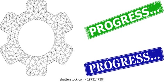 Triangular gear image, and Progress... blue and green rectangle scratched stamp seals. Polygonal wireframe image is created from gear pictogram. Seals contain Progress...