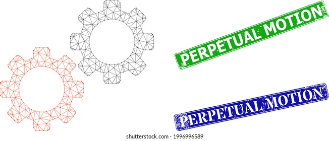 Triangular gear mechanics image, and Perpetual Motion blue and green rectangular textured stamp seals. Polygonal wireframe illustration is based on gear mechanics pictogram.