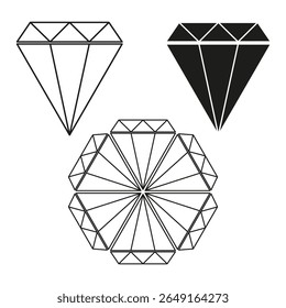 Dreieckiges Edelsteinsymbol. Runder facettierter Schmuck. Strahlende Rautengrafik. Vektor Edelstein Set.