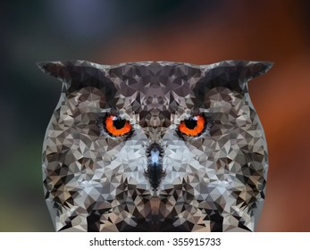 triangular geometric polygonal vector portrait of owl bird on soft blurred background