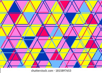 Triangular geometric pop art style vector background. Yellow, pink and blue color abstract triangles pattern, trendy mosaic hipster digital graphic vector, trendy colorful background template