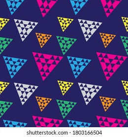 Triangular Geometric Seamless Pattern Design Template. Colorful Abstract Triangles Shape Ornament . Yellow, Orange, Green, Light Blue, Pink Magenta And Gray, Dark Blue Color Theme.