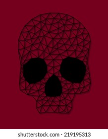 Triangular geometric skull in black over dark red with dropped shadow.