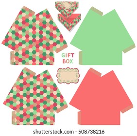 Triangular gift box design template. Christmas cute background. Pattern for print. Colorful vector illustration.