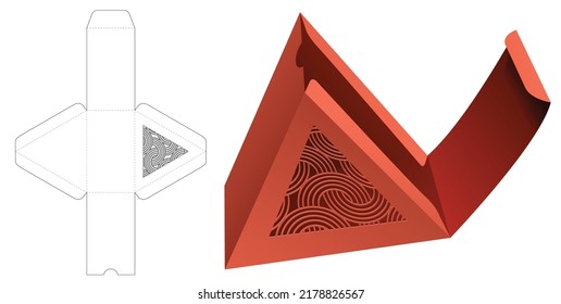 Triangular gift box with stenciled curved die cut template and 3D mockup