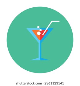 Triangular glass vector. Glass with strawberry alcoholic drink and straw. Multicolored flat vector icon representing celebration concept isolated on white background