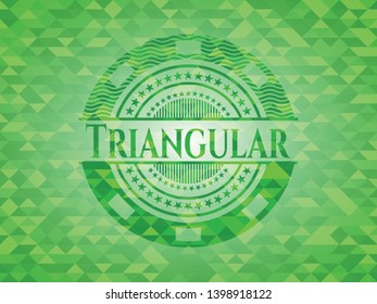 Triangular green emblem with triangle mosaic background. Vector Illustration. Detailed.